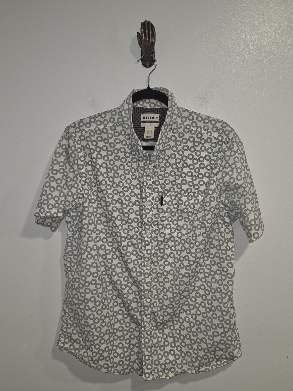 ARIAT Modern Fit Men's Short Sleeve Gray Circle-Print Button-Up Shirt Size L